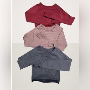 Women Long Sleeve Crop Workout Tops - Red, Pink/blush and Gray